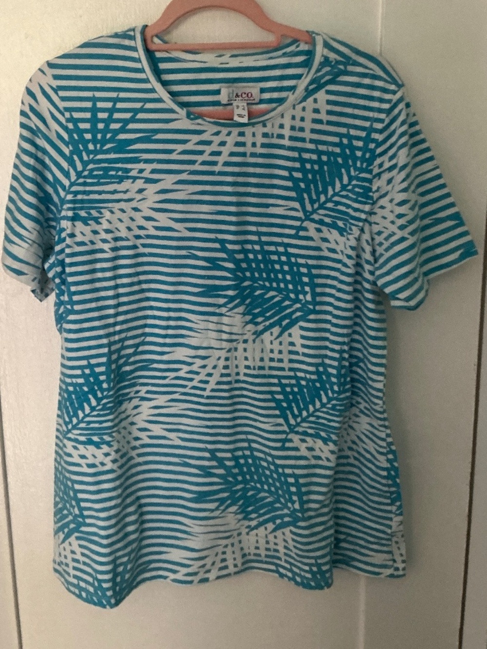 D&Co Turquoise Palm Print Striped Tee | Tropical Short Sleeve Top Plus Size L